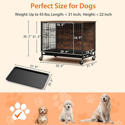 Dog Crate Furniture, 32.5" Modern Double-Door Dog House with Pull-Out Tray, Heavy-Duty Wooden Kennel & Removable Wheels, Side Table for Medium Dog Sizes, Rustic Brown