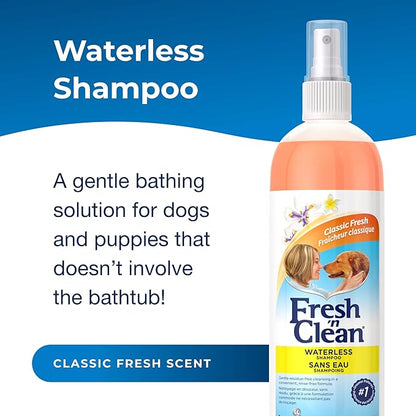 PetAg Fresh ’n Clean Waterless Shampoo, Classic Fresh Scent - 12 oz - Rinse-Free, Anti-Tangle Spray - Gently Cleanses and Moisturizes with Aloe Vera - Soap Free