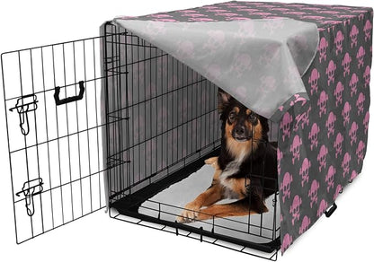 Lunarable Skull Dog Crate Cover, Vivid Pirate on Pale Background Head of a Skeleton and Bones Halloween Themed, Easy to Use Pet Kennel Cover for Medium Large Dogs, 36 Inch, Pink Taupe