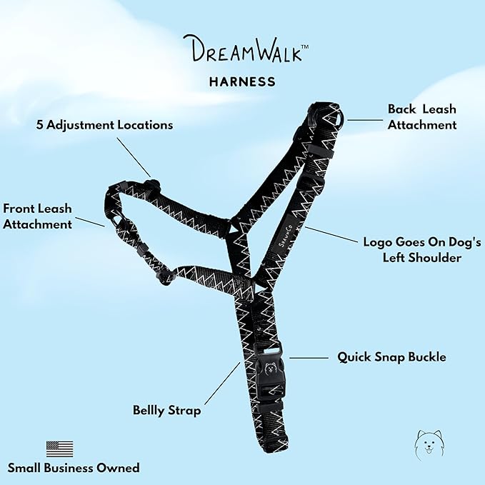 ShawnCo Dream Walk No-Pull Dog Harness- Adjustable, Comfortable, Easy to Use Pet Halter to Help Stop Pulling for Small, Medium and Large Dogs- Art Pattern Designs (Wolf Moon, M)