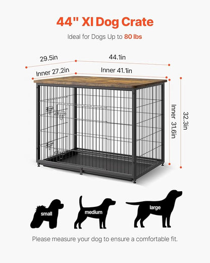 VEVOR 44in Dog Furniture Kennel - Decorative Wooden Dog Crate with Removable Tray, Double Doors, End Table for Small to Large Dogs