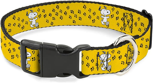 Peanuts Worldwide LLC Pet Collar, Dog Collar Plastic Buckle, Peanuts Snoopy Smiling Pose Paw Print Yellow Black White, 9.5 to 14.5 Inches 0.5 Inch Wide