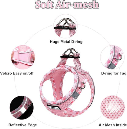 Mercano Soft Mesh Dog Harness and Leash Set, No-Chock Step-in Reflective Breathable Lightweight Easy Walk Escape Proof Vest Harnesses with Safety Buckle for Small Medium Dogs, Cats (Pink, XL)