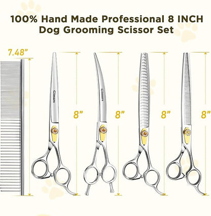 Gimars 8 Inch Professional 440C Stainless Steel Dog Grooming Scissors Heavy Duty 6 In 1 - Straight, Thinning, Chunker, Curved Shears and Comb, Ergonomic Pet Grooming Scissor for Dogs, Cats