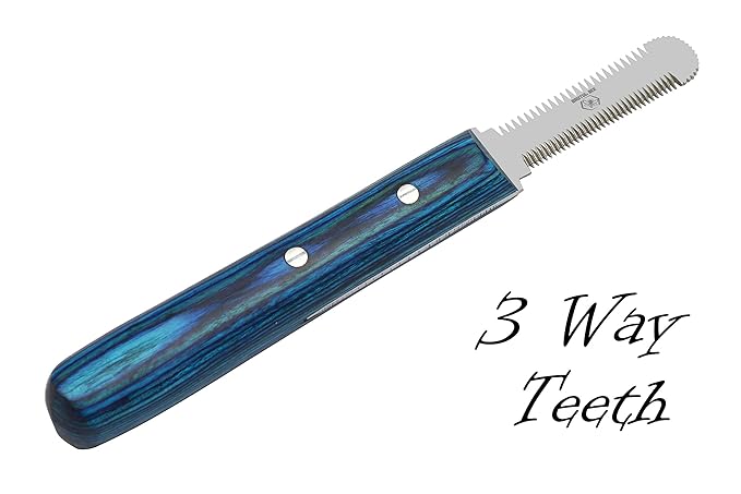 Stripping Knives Set of 6 in Stainless Steel, Wooden Handle, Non-Slip Tools for Grooming Dogs (Blue)