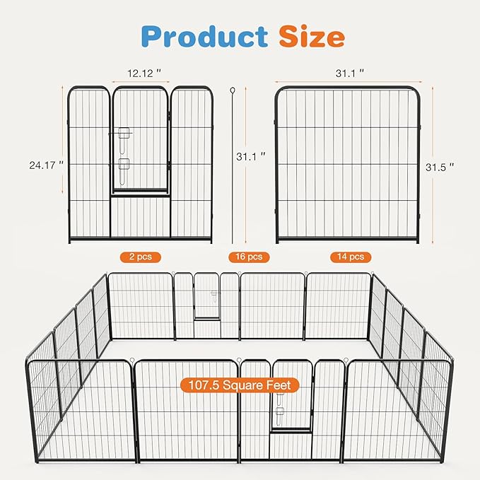 Sweetcrispy Dog Playpen Indoor - Pet Fence Exercise Pen for Yard Gate 16 Panels Foldable Puppy Playpens with Doors Metal Dog Pen for Camping, RV, Outdoor, Small/Medium/Large Pets, 32” Height