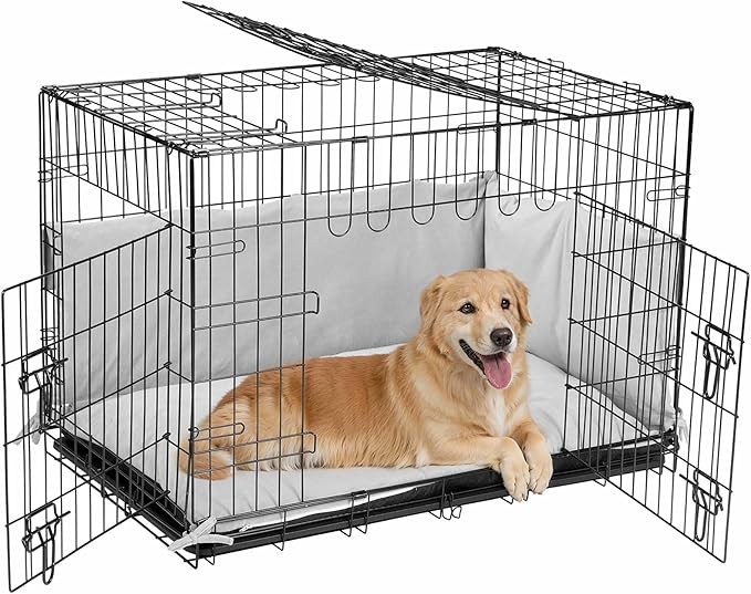 Veehoo 36 inch Dog Crates for Large Dogs with Bumper-Three Doors Folding Metal Wire Dog Crate Cage, Indoor Outdoor Large Dog Crate with Plastic Leak-Proof Tray-Portable Pet Kennel Kit