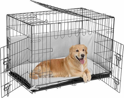 Veehoo 36 inch Dog Crates for Large Dogs with Bumper-Three Doors Folding Metal Wire Dog Crate Cage, Indoor Outdoor Large Dog Crate with Plastic Leak-Proof Tray-Portable Pet Kennel Kit