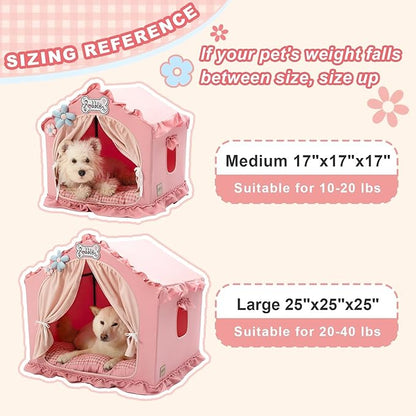 Jiupety Indoor Dog House with Frame, Cute Dog Tent Bed with Cover Cave, Breathable, Washable, and Foldable House, Suitable for 20-40 Lb, Large (25"×25"×25"), Pink