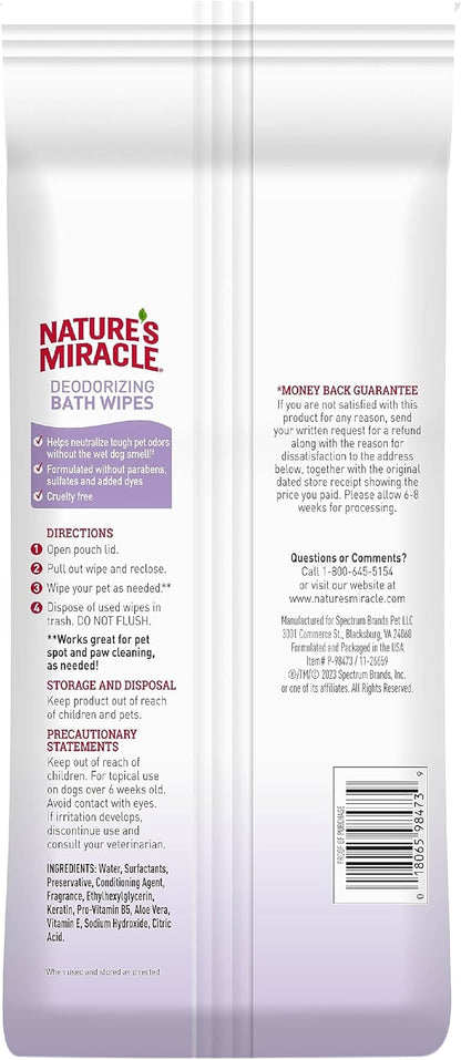 Nature's Miracle Deodorizing Bath Wipes for Dogs, 100 Count, Lavender Scent