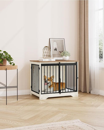 Dog Crate Furniture, 32" Double Door Dog Crate with Barn Door, Dog Kennel Indoor, End Side Table Wooden Dog Crates for Small Medium Large Dogs, Anti-Chew Anti-Escape, White Brown DFC83614B