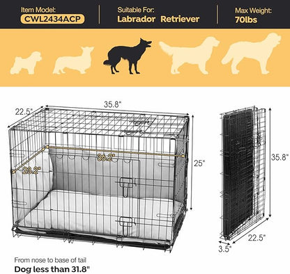 Veehoo 36 inch Dog Crates for Large Dogs with Bumper-Three Doors Folding Metal Wire Dog Crate Cage, Indoor Outdoor Large Dog Crate with Plastic Leak-Proof Tray-Portable Pet Kennel Kit