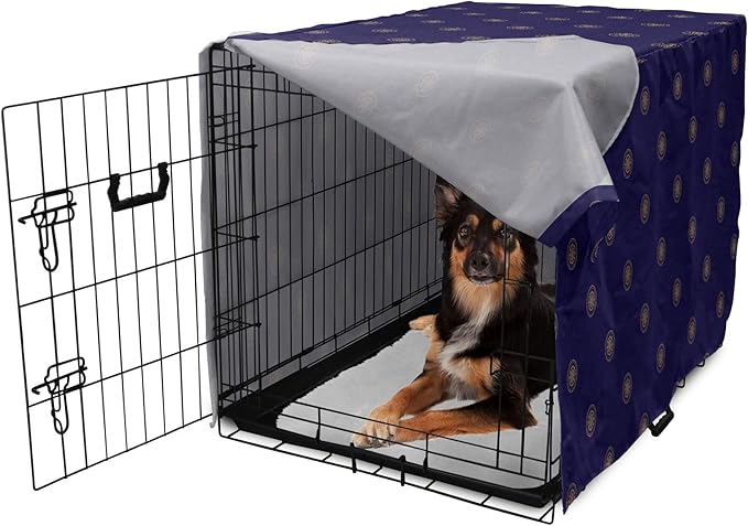 Lunarable Compass Rose Dog Crate Cover, Navigation Themed Vintage Gears Tools in Dark Tones Illustration, Easy to Use Pet Kennel Cover for Medium Large Dogs, 36 Inch, Indigo and Dark Mustard