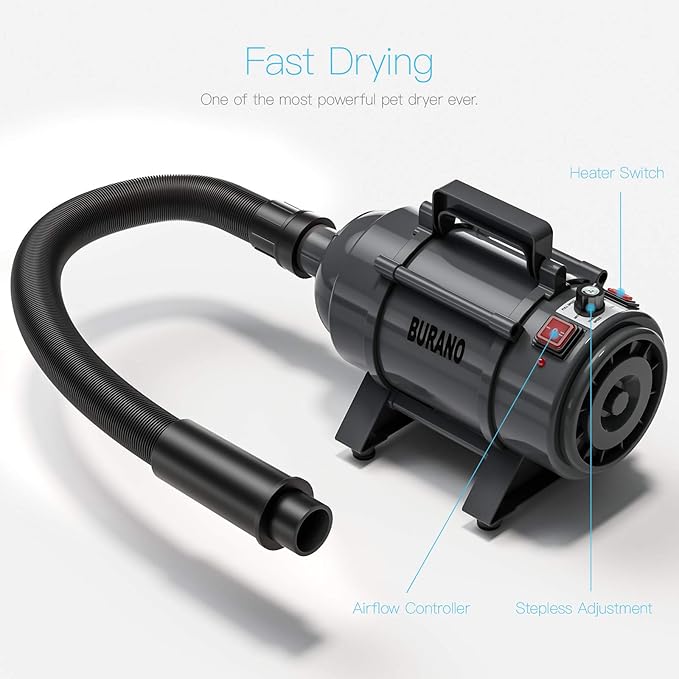 Dog Dryer, High Velocity Pet Hair Dryer, 4.3HP Stepless Adjustable Speed Dog Hair Force Dryer, Powerful Pet Blower with Heater