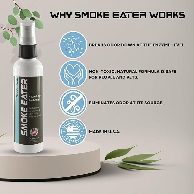 Smoke Eater All Purpose Odor Eliminator - Breaks Down Foul Scents at the Molecular Level - Smoke, Food, Pet and Stale Odor - Ideal For The Home, Apartment Cars, Boats - 4 oz Travel Bottle (New Car Fresh)