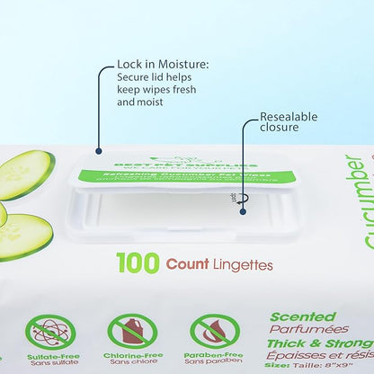 Best Pet Supplies Pet Wipes for Dogs - Dog Wipes Cleaning Deodorizing, for Coats, Ears, Paws – Refreshing, Cucumber 100 Count