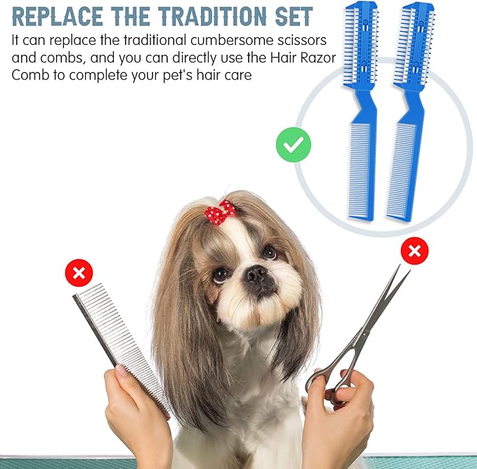Yinkin 5 Pieces Razor Comb for Dogs Hair Grooming Trimmer for Pet Razor Comb with 25 Extra Blades Manual Dog Hair Trimmer Double Edge for Cats Hair Cutting Tool(Blue)