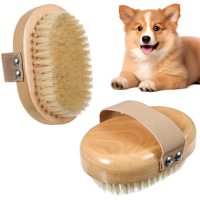 Soft Bristle Pet Brush, Pet Close Brush Bamboo Massage Handheld with Soft Boar Bristles and Elastic Band for Short Haired Cats and Dogs