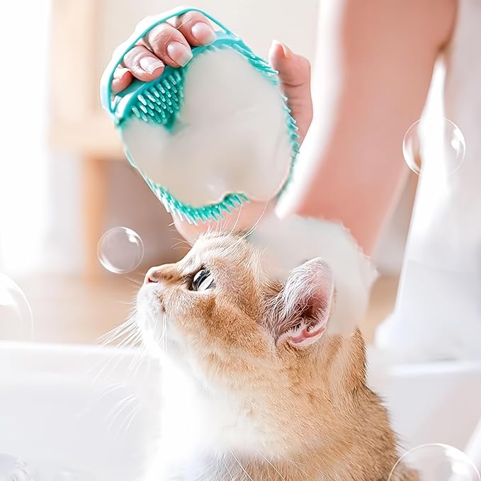 Bath Brush Scrubber Soft Silicone Pet Shower Grooming Shampoo Massage Dispenser For Short Long Haired Dogs And Cats (Blue+Pink)