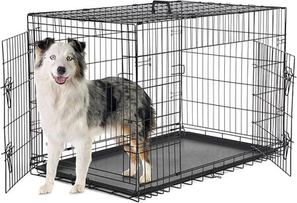 Sweetcrispy Dog Crate with Divider Panel, 42 Inch Double Door Folding Metal Wire Dog Cage with Plastic Leak-Proof Pan Tray, Large XL Pet Kennel for Indoor, Outdoor, Travel