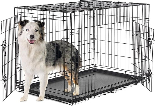 Sweetcrispy Dog Crate with Divider Panel, 42 Inch Double Door Folding Metal Wire Dog Cage with Plastic Leak-Proof Pan Tray, Large XL Pet Kennel for Indoor, Outdoor, Travel