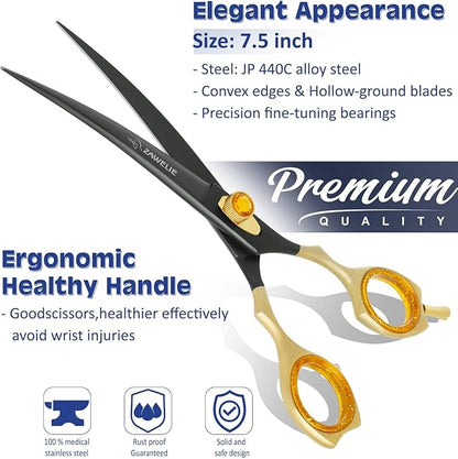Dog Grooming Scissor- 7.5” Pet Shears, Japanese Stainless Steel Ergonomic Pet Grooming Scissor, Heavy Duty Sharp and Comfortable pet Scissors for Grooming, Dogs, Cats and Other Animals (Curved)