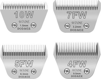 Size 10W/7FW/5FW/4FW Detachable Dog,Cat,Sheep & Horse Grooming Wide Blades Set,Compatible with Andis,Oster A5,Wahl KM10 Series Clippers,Cut Length 1/16"(1.5mm) to 3/8”(9.5mm),4 Pack