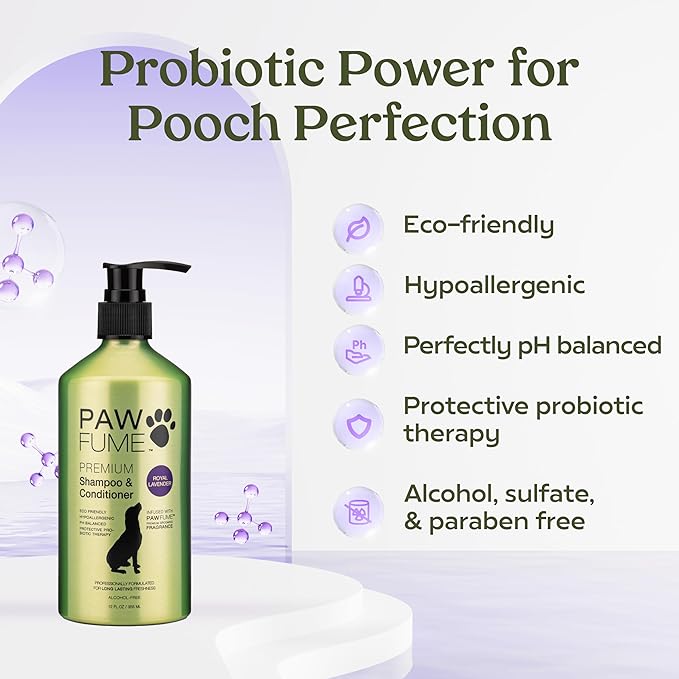 PAWFUME Dog Shedding Shampoo and Conditioner, Royal Lavender, 1-Pack – Nourish & Detangle for Silky Soft Coat – Probiotic, Deep-Cleaning, pH-Balanced – Salon-Quality Shedding Shampoo for Dogs
