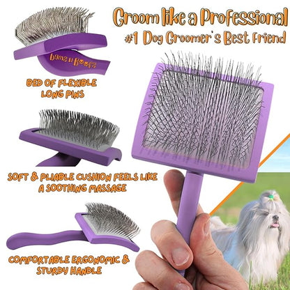 Pro-Slicker Brush Grooming Tool for Pets: Small Purple, Soft Cushion Bed of Dull Pins, Gentle but Effective. Easily and Painlessly Remove Thick Undercoat. Reduce Brushing Sessions, Groom like a Pro