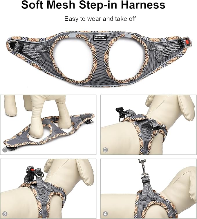 Mercano Soft Mesh Dog Harness and Leash Set, No-Chock Step-in Reflective Breathable Lightweight Easy Walk Escape Proof Vest Harnesses with Safety Buckle for Small Medium Dogs, Cats (Grey, XL)