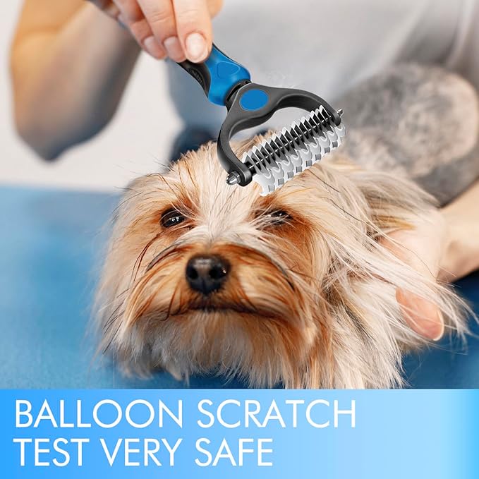 OneCut Pet Grooming Brush and Metal Comb Combo, Pet Grooming Rake and Brushes for Small, Medium & Large Dogs Double Sided Deshedding Tool Removes Knots and Tangled Hair (Blue)