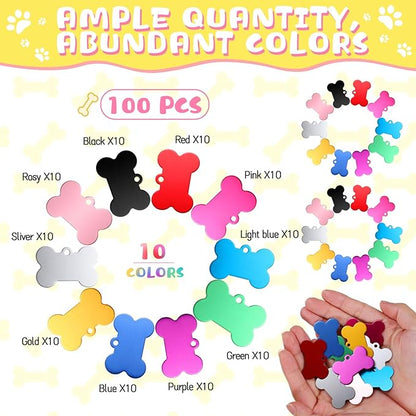 100 Pcs Blank Dog Pet Tags for Engraving 38MM Aluminum Bone Shape Name Tag Colorful Double Sided Dog Cat Phone Number Tag Pendants