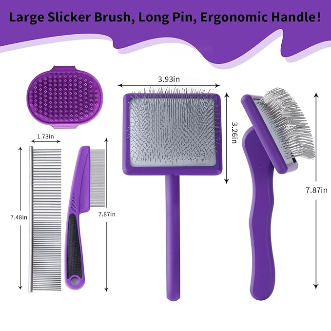 Ergonomic Slicker Brush for Long-Haired Cats - Wooden Handle, Long Pins for Grooming Loose Hair (Purple)