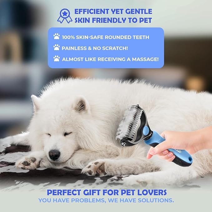 Undercoat Rake for Dogs & Cats, Dematting Comb with Extra Wide Double-Sided Stainless Steel Teeth for Detangling, Deshedding, Brushing, Thinning & Removing Shed Fur, Knots, Mats, and Tangles in Pets