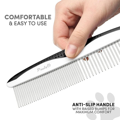 Poodle Pet Dog Combs for Grooming | 2 Pack | Stainless Steel Teeth Easily Remove Dirt | Proper Care Prevents Knots and Mats for Long and Short Haired Pets | Anti-Slip Comfort Grip Handle (Blue)