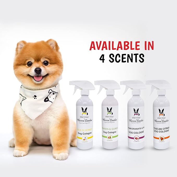 Warren London - Wet Kiss Dog Cologne, Long Lasting Dog Spray, Dog Deodorant to Remove Odor from Stinky Dogs, Pomegranate & Fig, 16 Ounce Bottle