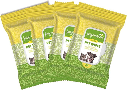 FurryFriends Pet Wipes | Lemon Scented | Hypo-allergenic | Alcohol Free| Deodorizing | Removes Loose Hair & Dirt | Incredibly Clean | 4 Pack