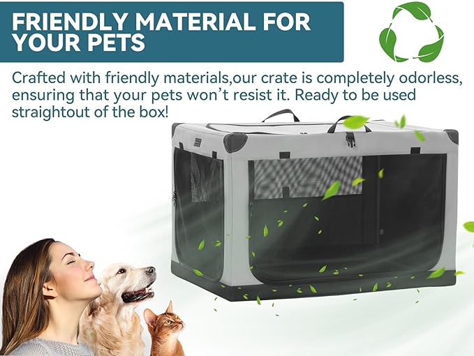 PETSFIT Travel Dog Crate, with Patented Adjustable Fabric Cover, Chewproof & Lockable Mesh Doors, Waterproof Base Soft Sided Kennel Grey 40 Inch