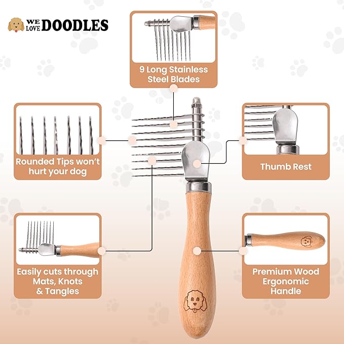 Pet Dematting Comb for Dogs and Cats with Wood Handle, Deshedding Undercoat Rake for Dogs with Stainless Steel Blades, Dog Comb for Detangling Thinning and Shedding [We Love Doodles] (Dematting Rake)