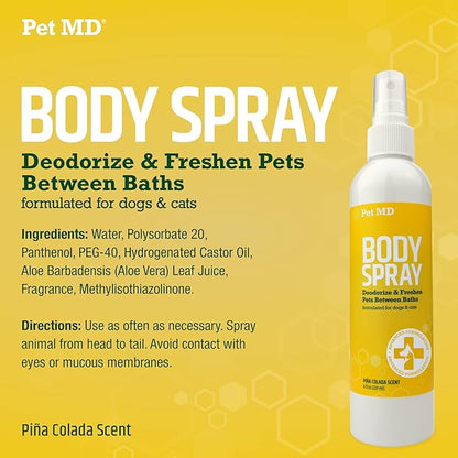 Pet MD Body Spray for Dogs & Cats - Deodorizing Dog Perfume Reduces Static & Eliminates Odor - Long Lasting Pet Cologne Spray for Dogs - Pina Colada Scent - 8 oz