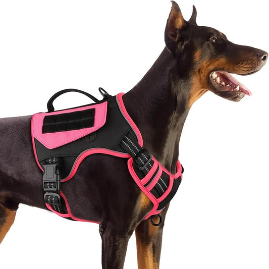 WINGOIN Tactical Dog Harness for Extra Large Dogs, No Pull Harness with Handle Pockets Poop Bag, Reflective Dog Vest, Military Heavy Duty Big Dog Harness for Walking Hiking Training, Black Pink, XL