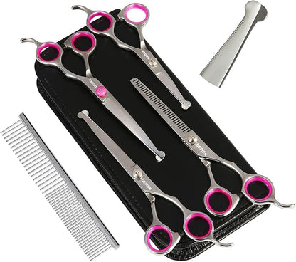GEMEK Dog Grooming Scissors Set, 4CR Stainless Steel Safety Round Tip Pet Professional Grooming Tool 5 Pieces Kit - Straight, Curved, Thinning Shears & Comb for Dogs, Cats and Other Animals