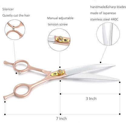 7 Inches Professional Pet Grooming Scissor, 440C Japanese Steel Straight & Curved & Thinning & Chunker Shears/Scissors for Dog Cat and More Pets (7 inch-Grooming Scissors Set)