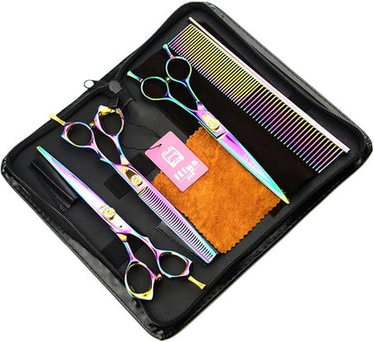 LILYS PET HIGH-END SERIES Japan 440C Pet Grooming Scissors Set,Rainbow Color,Cutting&Thinning&Two-way Curved shears Set (7.0")