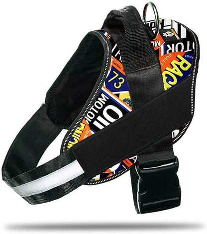 Non Pull Dog Harness with Patch Panels and Handle, Adjustable, Reflective, No Choke, Heavy Duty Easy On Service Dog Vest Harnesses for Medium Large Small Sized Dogs - Motorsport, L