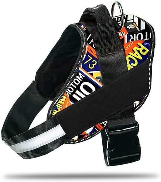Non Pull Dog Harness with Patch Panels and Handle, Adjustable, Reflective, No Choke, Heavy Duty Easy On Service Dog Vest Harnesses for Medium Large Small Sized Dogs - Motorsport, L