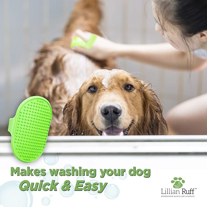 Lillian Ruff Dog Bath Brush - 2 Pack of Flexible Rubber Dog Shower Brush with Adjustable Strap - Soothing Massage Bristles Produce more Lather, Reduce Bath Time, Remove More Dirt & Loose Hair (Green)