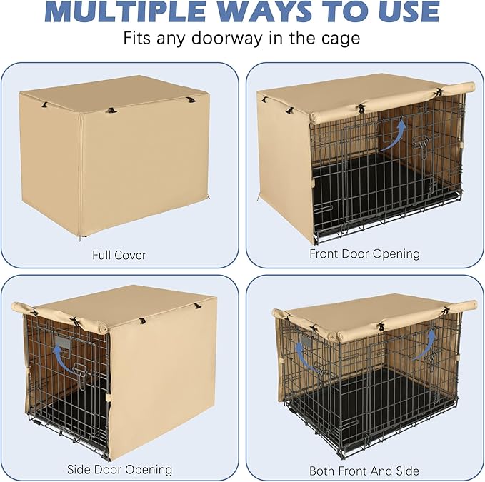 Akinerri Dog Crate Cover - Double Door Waterproof Pet Kennel Cover, Durable 600D Polyester Protective Cage Cover for 24/30/36/42/48 Inch Dog Crate - Beige