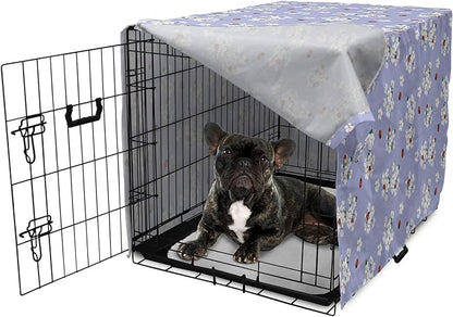 Ambesonne Floral Dog Crate Cover, Japanese Flowers Sakura Blossoms and Ladybugs on Soft Toned Background, Easy to Use Pet Kennel Cover for Cats & Medium Dogs, 24 Inch, Pale Ceil Blue White