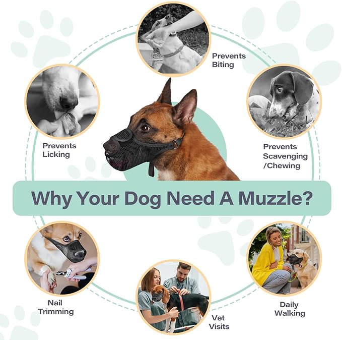 LUCKYPAW Dog Muzzle for Large Medium Small Dogs, Mesh Muzzle for Dog to Prevent Biting Chewing Licking Eating, Soft Dog Muzzle with Front Opening Design for Drinking Panting (Black, S)
